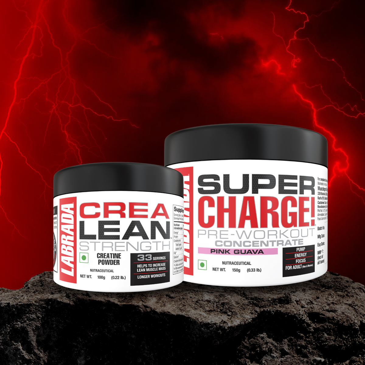 Crealean Strength Creatine Powder 100g with Super Charge Pre-Workout Concentrate 150g