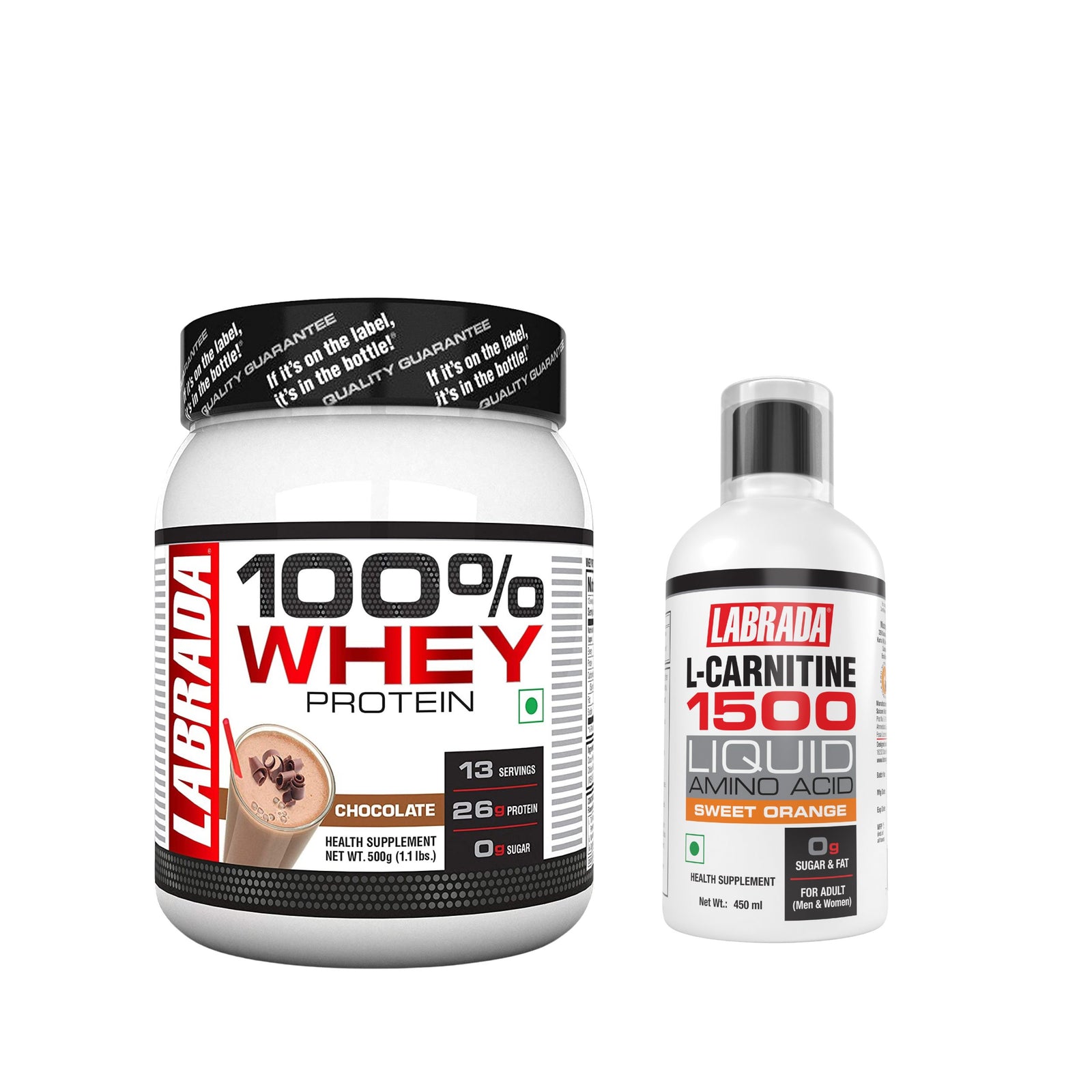 Labrada 100% Whey 1.1lbs Chocolate 500g with Labrada L Carnitine 1500mg Sweet Orange 450ml