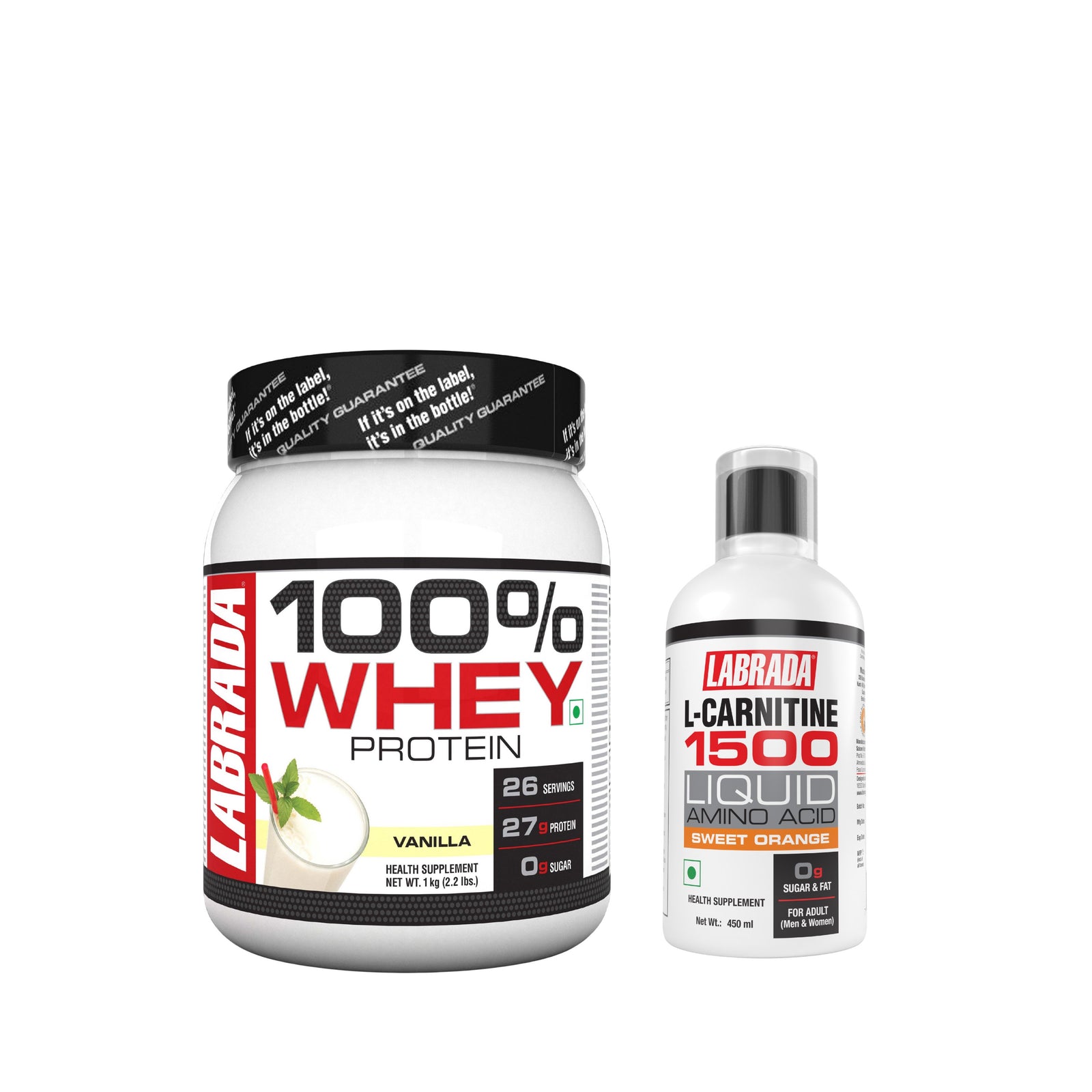 Labrada 100% Whey 2.2 lbs Vanilla 1 kg with Labrada L-Carnitine 1500mg Sweet Orange 450ml
