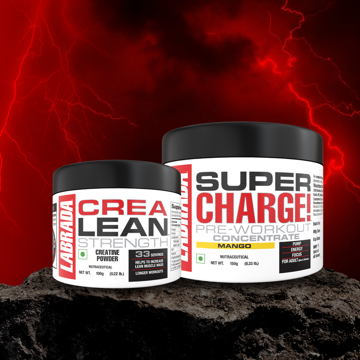 Crealean Strength Creatine Powder 100g with Super Charge Pre-Workout Concentrate 150g