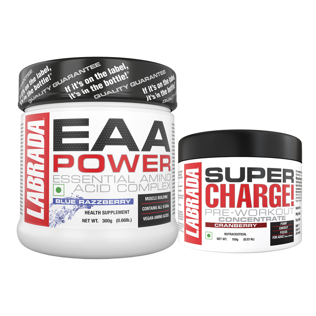 Labrada Super Charge Pre-Workout Concentrate 150g | 30 Servings Pre Workout (150 g, Cranberry) With Labrada EAA Power Essential Amino Acid Complex EAA (Essential Amino Acids) (300 g, Blue Razzberry)