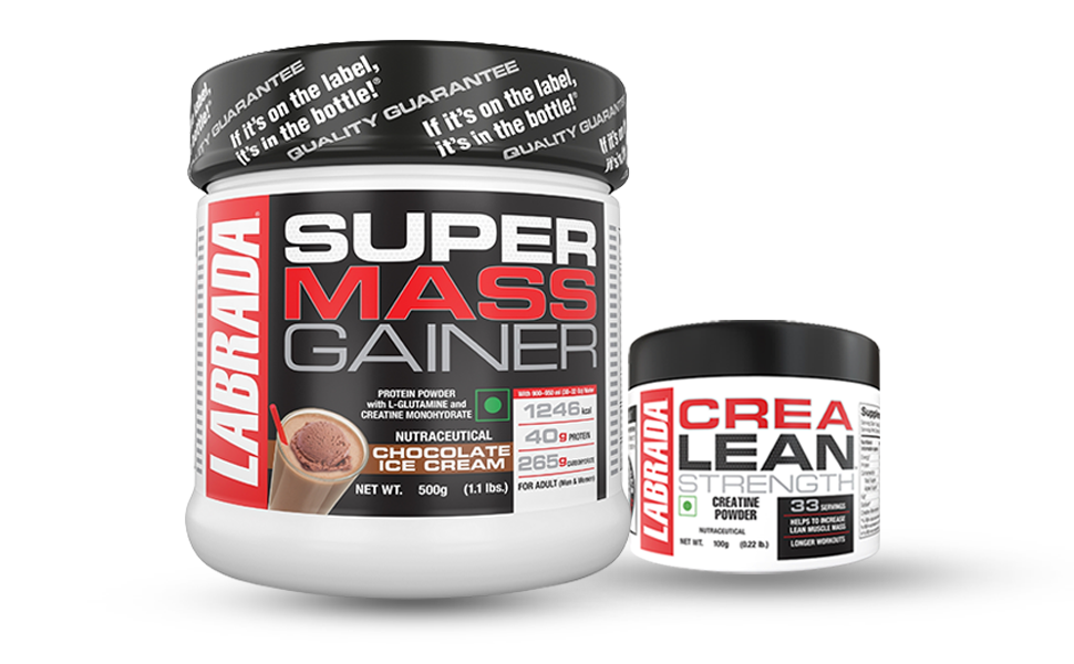 Labrada Super Mass Gainer 500g With Crealean 100g Combo Pack Weight Gainers/Mass Gainers (600 g, Chocolate Ice Cream, Unflavoured)