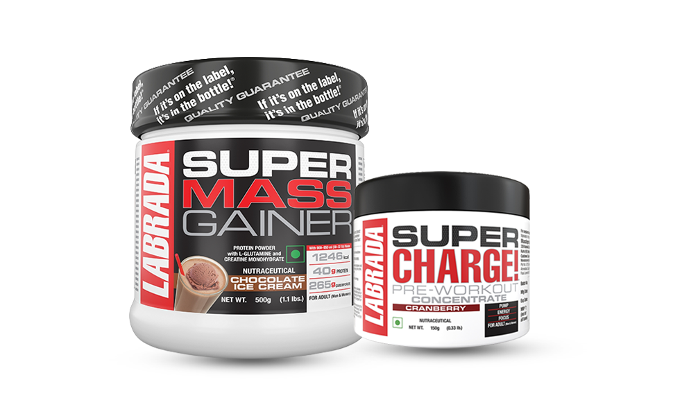 Labrada Super Mass Gainer &amp; Super Charge Preworkout Combo Pack | Weight Gainers/Mass Gainers (150 g, 500 g, Cranberry, Chocolate Ice Cream)