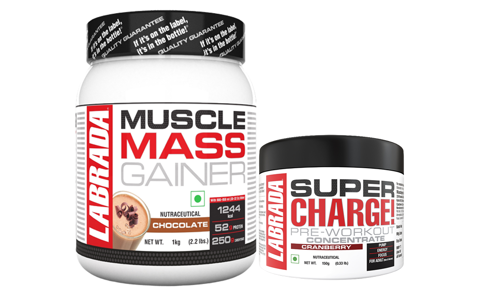 Labrada Muscle Mass Gainer 1kg with Super Charge Pre-Workout 150 Cranberry Weight Gainers/Mass Gainers (1.15 kg, Chocolate)