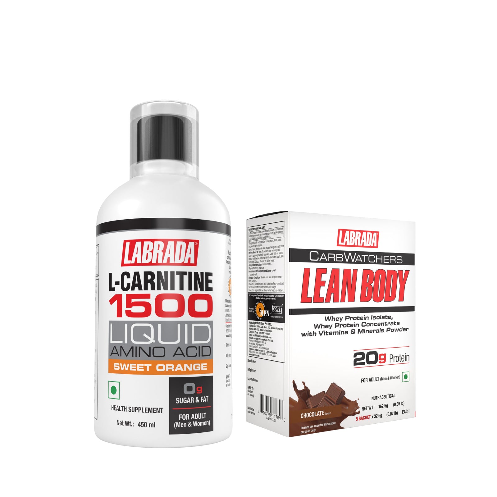Labrada LeanBody Carbwatchers Chocolate 162.5g with Labrada L-Carnitine 1500mg Sweet Orange 450ml